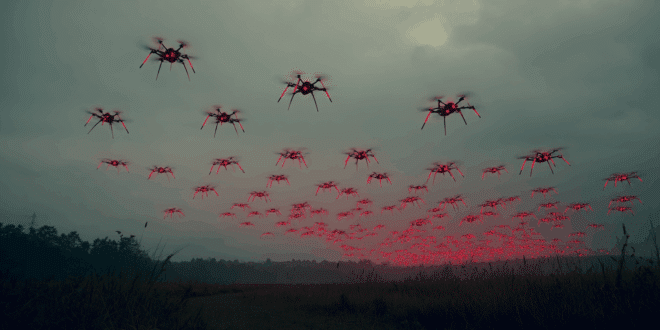 Des drones rouges dans le ciel