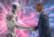 Un robot humanoïde serrant la main de David Beckham