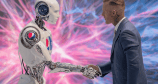 Un robot humanoïde serrant la main de David Beckham