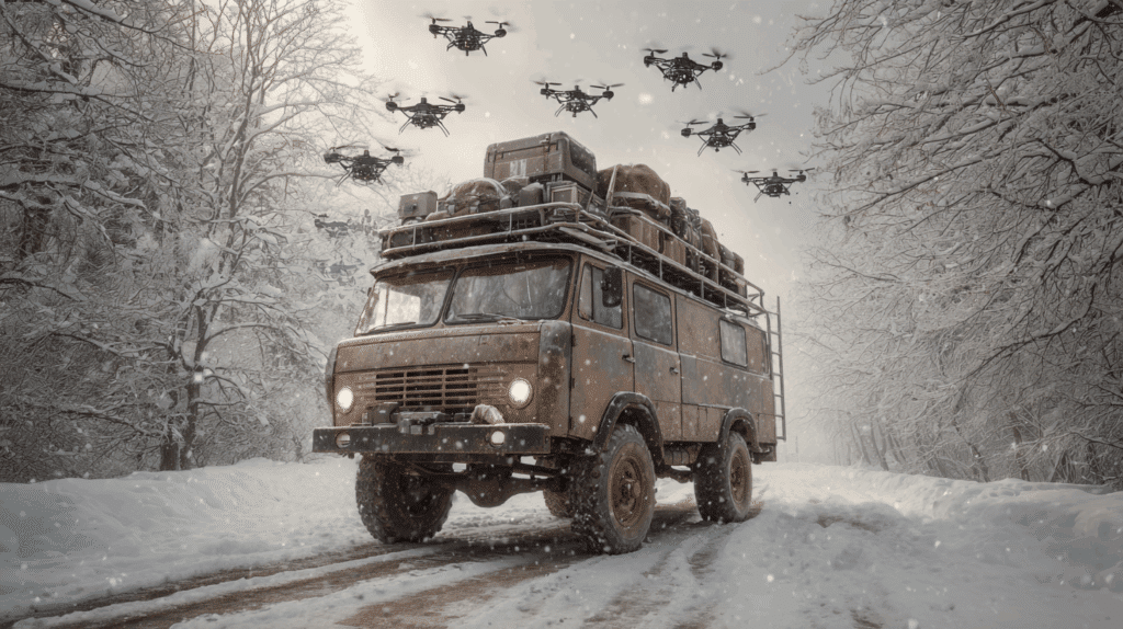 Un camion qui sort des drones de son toit