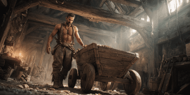 Un minier en train d'utiliser une roue