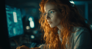 Une femme rousse hyper concentrée sur son ordi