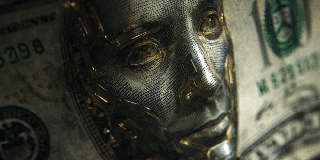 Un billet avec le visage d'un robot, pour illustrer la récession causée par l'IA