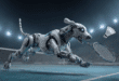 Un robot chien en train de jouer au badminton