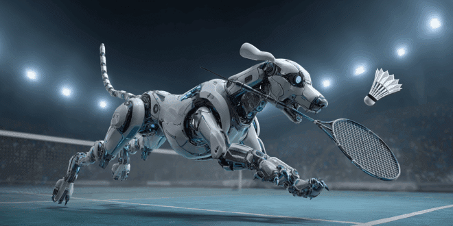 Un robot chien en train de jouer au badminton
