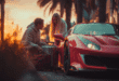 Un couple à côté d'une voiture Ferrari