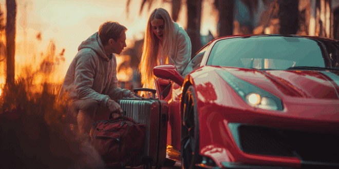 Un couple à côté d'une voiture Ferrari