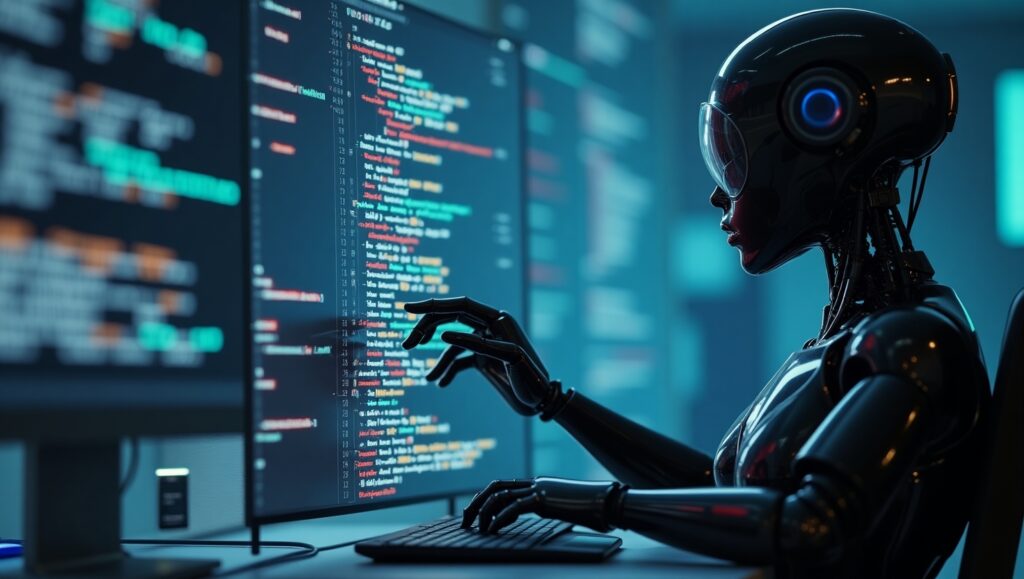 Un robot IA devant un PC rempli de code