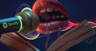 Un livre en dessus d'une bouche, un micro au au nom de Spotify devant