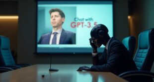 Un robot sur une table, un écran montrant "Chat with GPT 3.5"