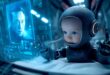 Un robot bébé illustrant Grok 4 devant un hologramme d'écran montrant Elon Musk