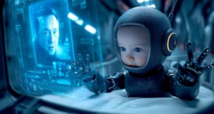 Un robot bébé illustrant Grok 4 devant un hologramme d'écran montrant Elon Musk