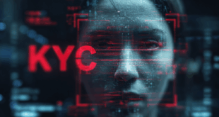 Scan biométrique avec visage flouté et surimpression KYC, illustrant le processus de vérification d’identité numérique sécurisé.