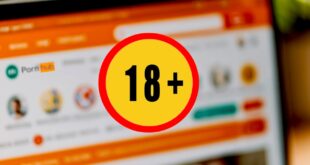 Une icône d'avertissement +18 devant un écran montrant l'interface de PornHub