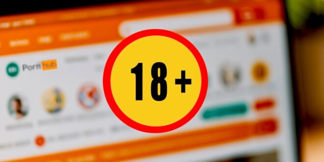 Une icône d'avertissement +18 devant un écran montrant l'interface de PornHub