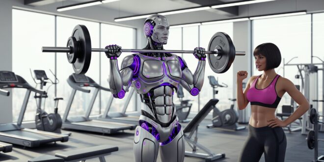 Un robot sportif dans une salle de sport, une femme impressionnée
