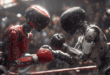 les robots se battent sur un ring de boxe.