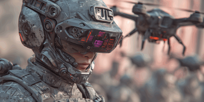 Soldats cyborgs chinois qui lancent des drones.