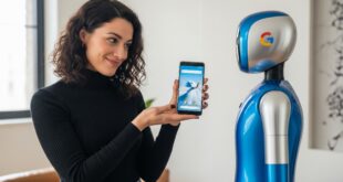 une femme qui tend un téléphone à un robot IA