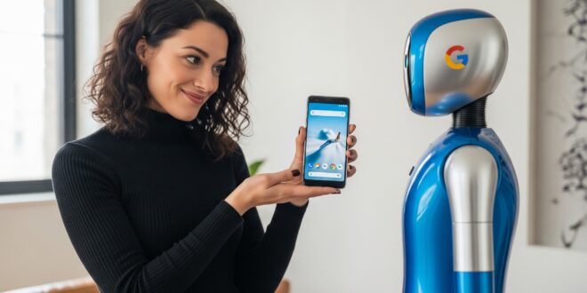 une femme qui tend un téléphone à un robot IA