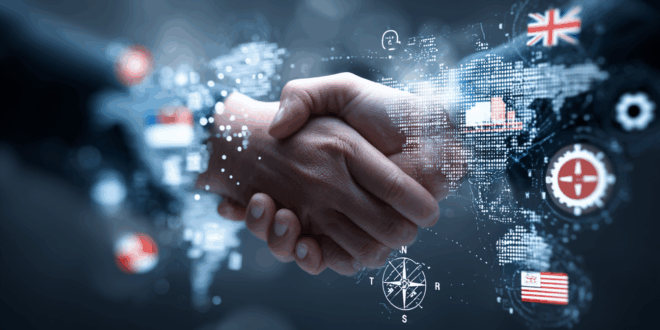 une poignée de main numérique, une chaîne logistique, une interface utilisateur en surimpression qui représente le B2B.