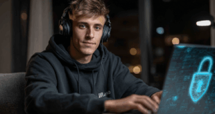 Jeune homme jouant en ligne à Genshin Impact sur ordinateur portable, avec un hologramme de cadenas symbolisant la sécurité numérique.
