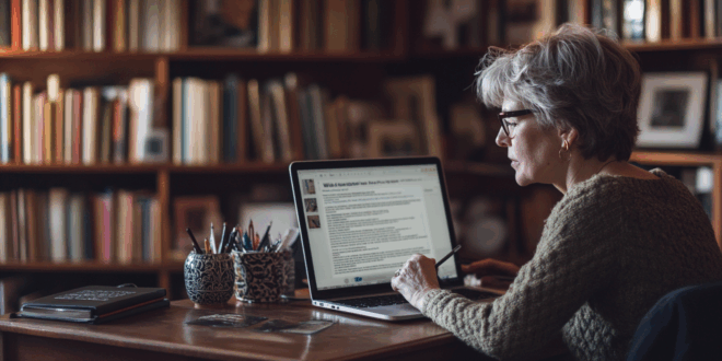 Une écrivaine travaillant sur un document .docx sur son ordinateur portable, entourée de livres, illustrant la création de contenu