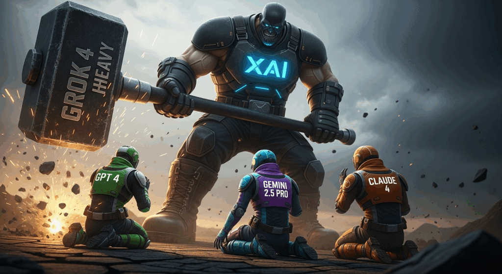 Grok 4 Heavy vs GPT4, vs Gemini Pro vs Claude. Image d'illustration montrant la supériorité écrasante de Grok 4 Heavy face à ses IA concurrentes grand public.
