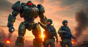 un gigantesque robot aux couleurs camouflage au côté de deux hommes militaires