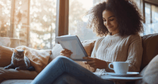 Une femme lisant un document .pdf professionnel sur une tablette dans son salon, illustrant l'accessibilité des fichiers PDF.