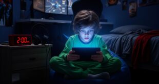 un enfant plongée dans l’obscurité, éclairé uniquement par la lumière bleue d’un écran, et un réveil affichant 2h du matin
