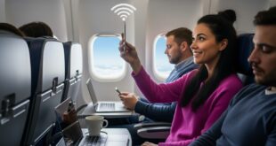 une femme dans un avion captant la WiFi
