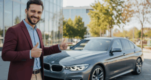 un homme pointant du doigt une voiture BMW