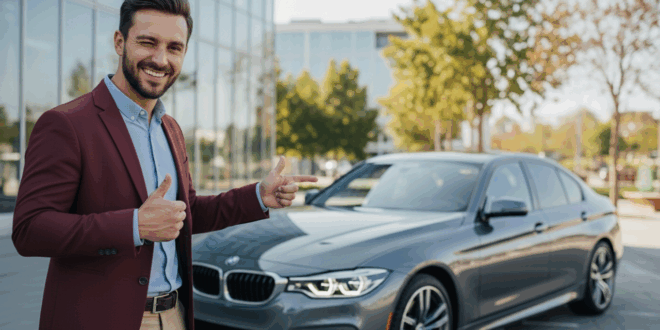 un homme pointant du doigt une voiture BMW