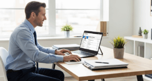 Un agent d’assurance en chemise, assis à son bureau, travaille sur son ordinateur.