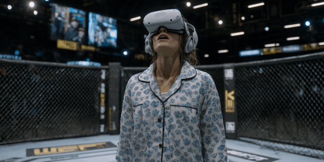 une femme explore UFC Apex Octagon via HyperSpace de Meta.