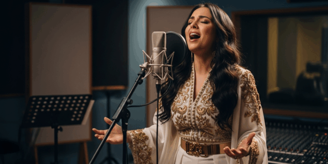 Une femme chantant dans un studio
