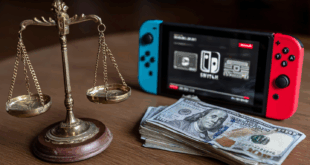 Une balance de justice, avec d’un côté une Nintendo Switch