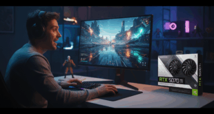 Une personne impressionnée, devant un écran d'ordinateur affichant un jeu vidéo aux graphismes époustouflants. 