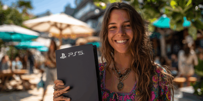 Une personne souriante tenant une PS5 Slim