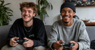 deux amis sur un canapé jouant à la PS5