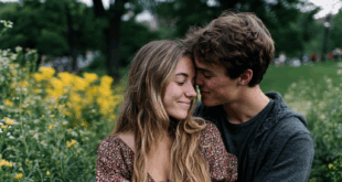 un couple très amoureux lors d'un rendez-vous dans un parc