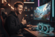 un gamer souriant assis devant un écran d'ordinateur et une carte graphique à côté