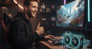 un gamer souriant assis devant un écran d'ordinateur et une carte graphique à côté
