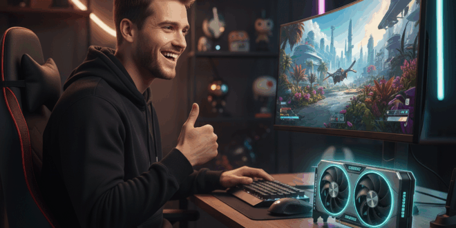 un gamer souriant assis devant un écran d'ordinateur et une carte graphique à côté