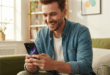 Un homme content utilisant son téléphone Realme