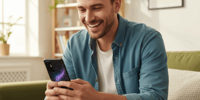Un homme content utilisant son téléphone Realme