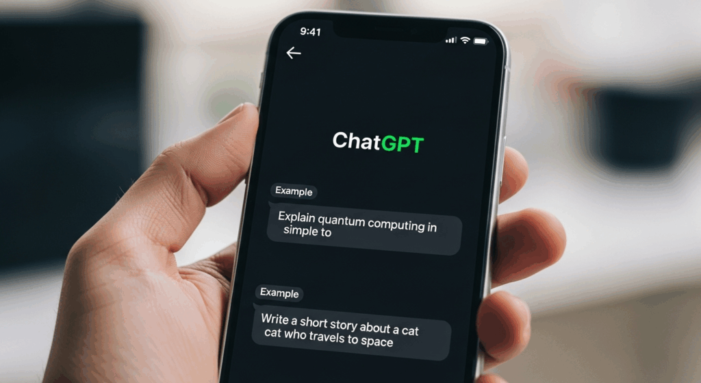 un homme tenant un smartphone moderne affichant l'interface ChatGPT.