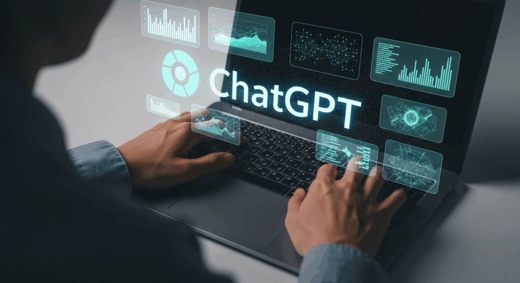 un homme travaillant sur un ordinateur portable, avec le texte « ChatGPT » futuriste et lumineux et des éléments d'interface utilisateur numériques flottant au-dessus du clavier