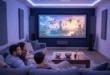 une famille assise sur le canapé profitant d'une éxpérience home cinéma